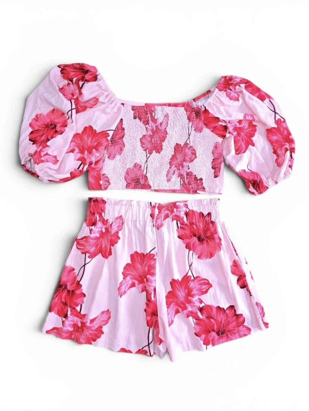 Paper Heart Alro Hisbiscus Linen Blend Two Piece Set Puff Sleeve Top Shorts Sz.L
